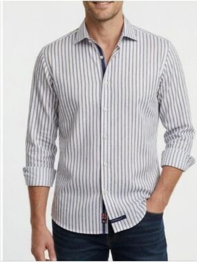 English Laundry Men's White Blue Red Stripe Button-Down Shirt Size 16 34/35